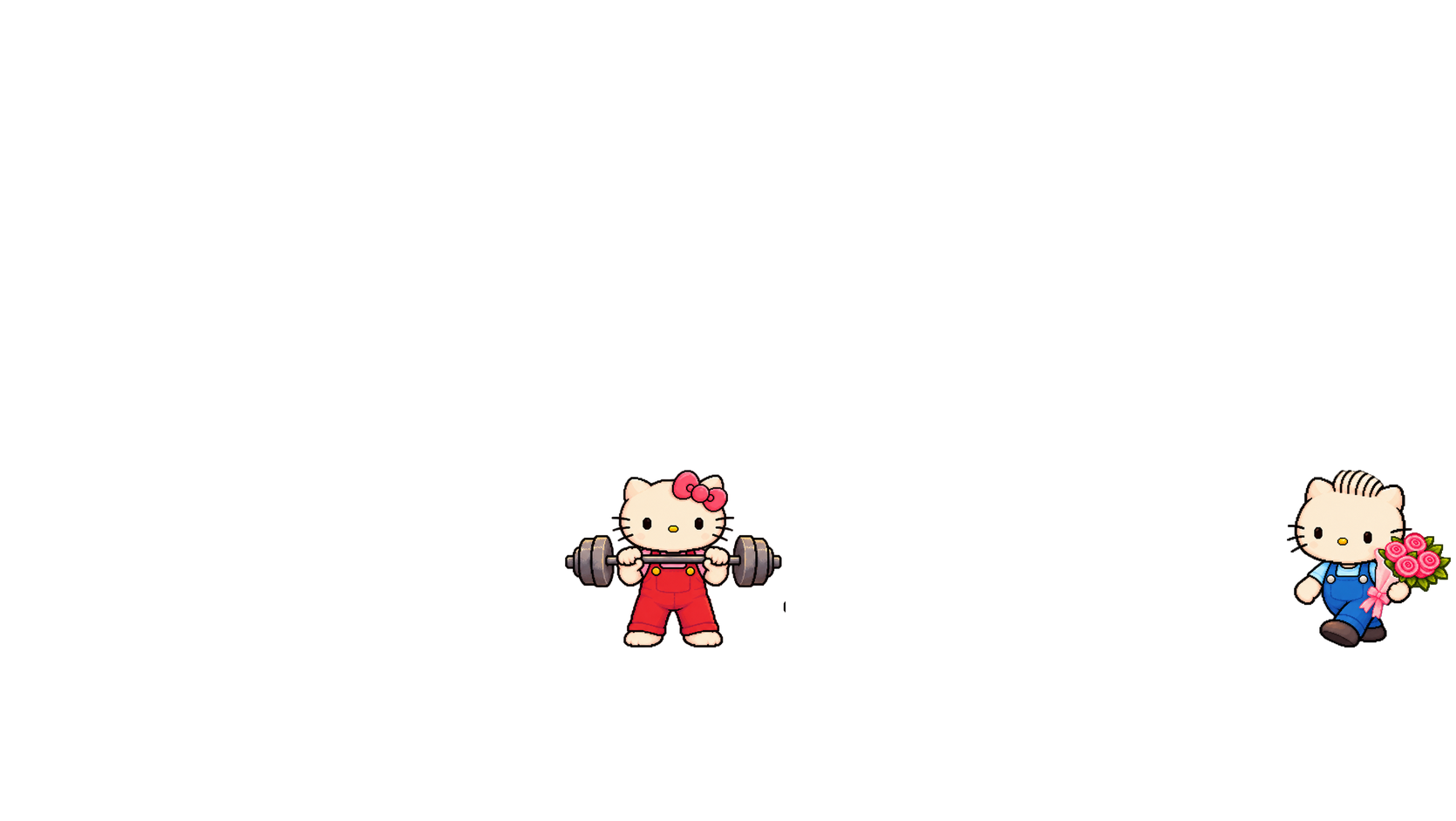 Kitty 从胸前举起杠铃，Daniel 手捧粉色玫瑰向她走来。